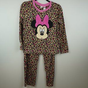 Disney Two Piece Fuzzy Animal Print Minnie Pajama Set‎ Size Large